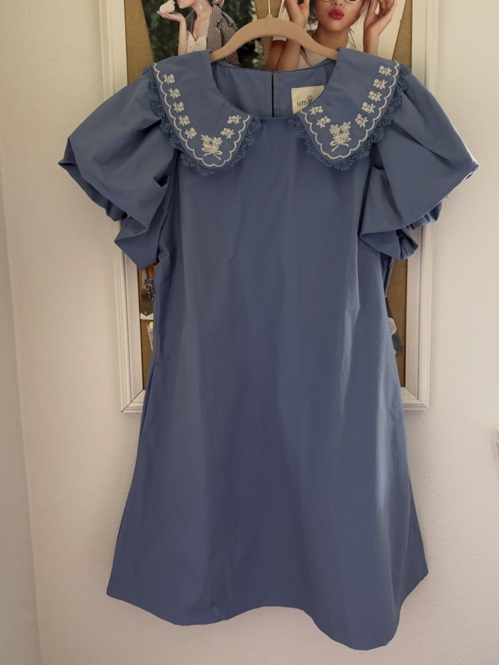 Umgee Blue Embroidered Collar Puff-Sleeve Dress